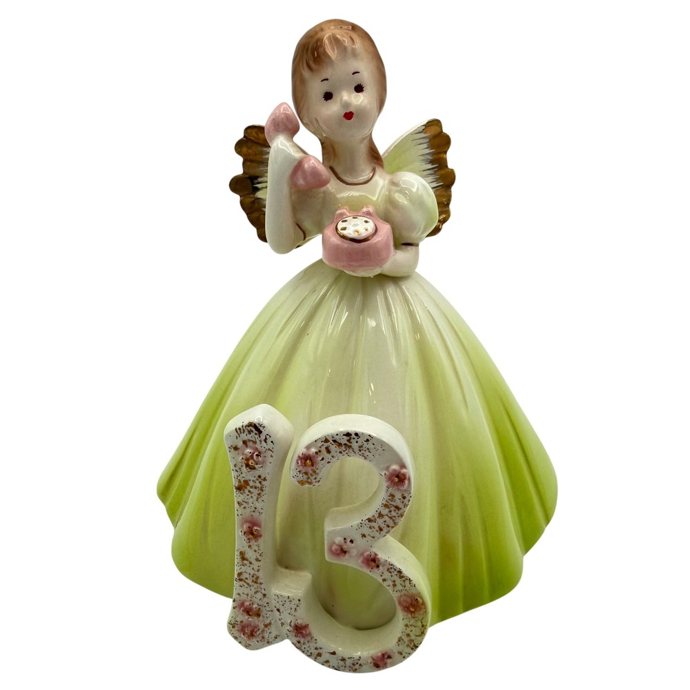 JOSEF ORIGINALS 13 Birthday Girl Angel Figurine Green Dress Phone Vintage 90s